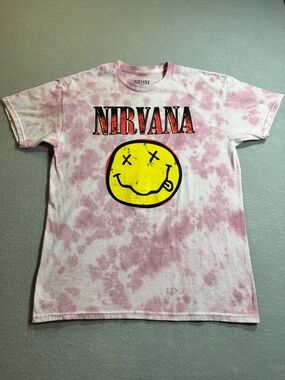 Nirvana Smiley Face Band Tee Womens Medium Pink Tie Dye Graphic T-Shirt Grunge